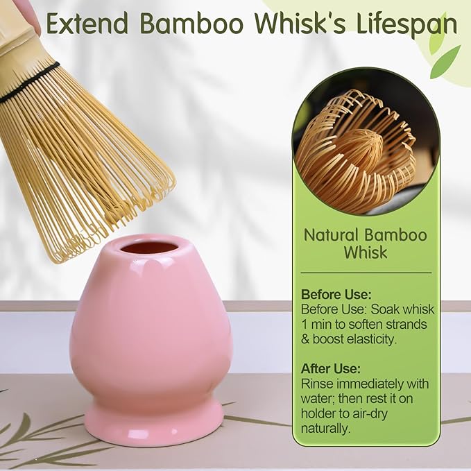 Matcha Whisk Set Matcha Kit: Ceramic Matcha Bowl, Matcha Whisk Holder, Bamboo Whisk(Chasen), Bamboo Scoop, 4Pcs Matcha Tea Set for Matcha Lover, Family Christmas Birthday Gift (Pink)