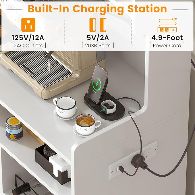 Hutch Storage Buffet Cabinet with Drawers, and Charging Station, Coffee Bar Cabinet with Barn Doors, Wine Rack and Hooks, White Wood Sideboard Buffet for Kitchen, Dining Room, 54.5" High