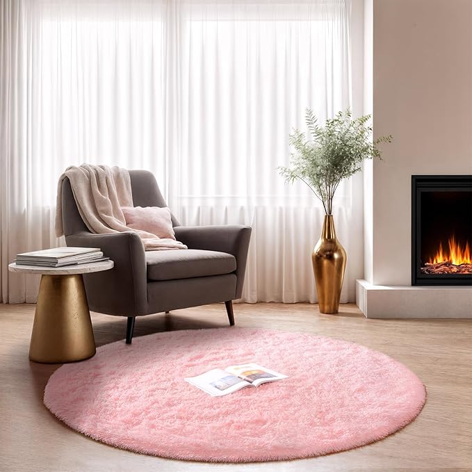 Pink Round Rug for Bedroom, 5Ft Fluffy Circle Area Rugs for Living Room, Shag Fuzzy Carpet for Kids Room, Nursery, Dorm, Classroom, Teen, Cute Baby Play Mat Home Decor Aesthetic