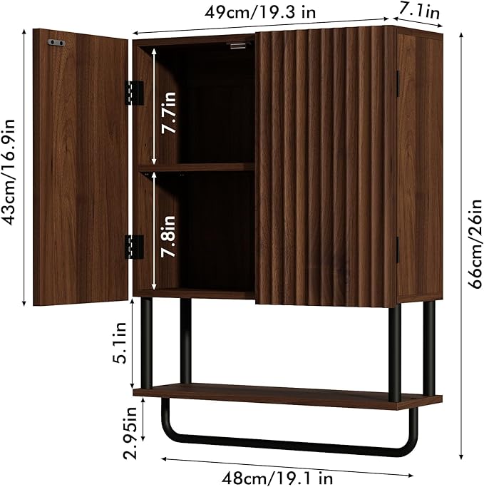 RUSTOWN Fluted Bathroom Wall Cabinet with 2 Doors, 3-Tier Modern Farmhouse Medicine Cabinet, Over The Toilet Storage Cabinet with Adjustable Shelf and Towel Bar (Dark Walnut, Medium)