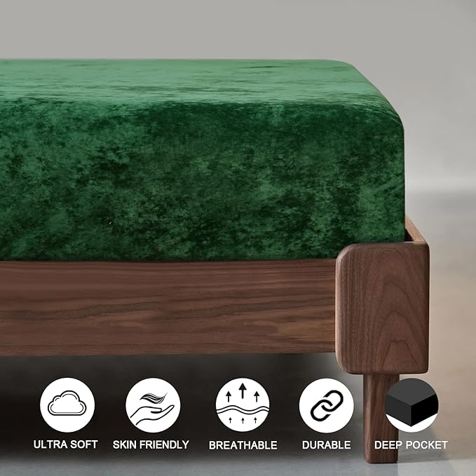 PHF Truly Velvet Fitted Sheet Only Queen Size, Luxury Super Soft Cozy Fuzzy Flannel Bottom Sheet, Deep Pocket Up to 16", Suitable for Fall Winter Spring, No Pillowcases, Emerald Green