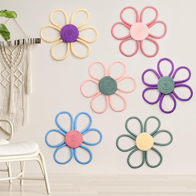 Peryiter 6 Set 10 Inch Boho Nursery Decor Woven Daisy Flower Macrame Wall Hanging for Baby Girls Nursery Home Bedroom Dorm Decor (Multicolor)