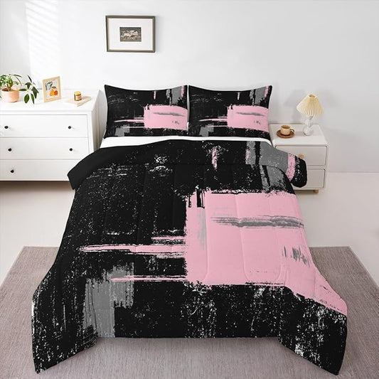 Pink Black Abstract Duvet Quilt Toddler Size Geometric Bedding Set for Kids Boys Girls Decor Modern Art Comforter Set Breathable Soft Lightweight Microfiber Buffalo Check Bedroom Decor Bedclothes
