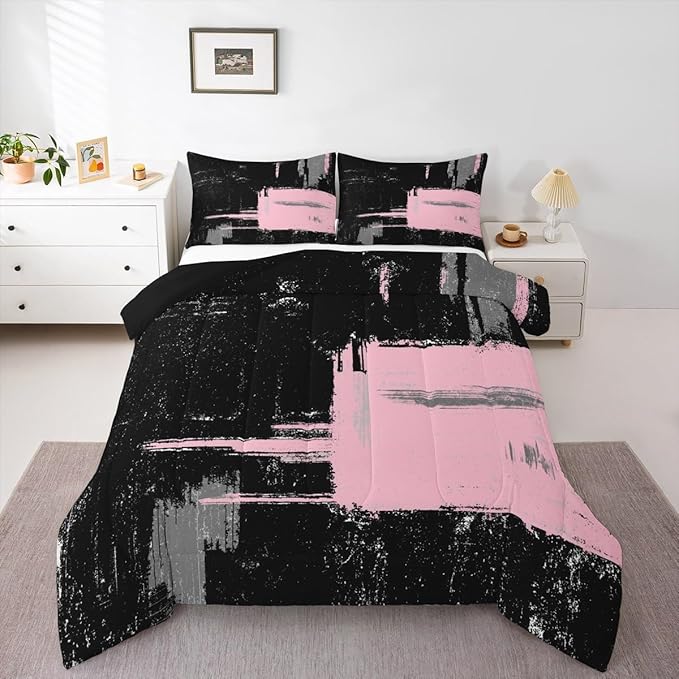 Pink Black Abstract Duvet Quilt Full Size Geometric Bedding Set for Kids Boys Girls Decor Modern Art Comforter Set Breathable Soft Lightweight Microfiber Buffalo Check Bedroom Decor Bedclothes