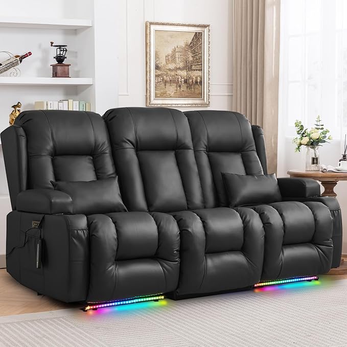 IPKIG 76.8" Power Reclining Sofa, Electric Home Theater Seating with Flipped Middle Backrest/LED Lighting/USB Ports/Built-in Outlets, Dual Recliner Sofa 3 Seater for Living Room RV (Black)