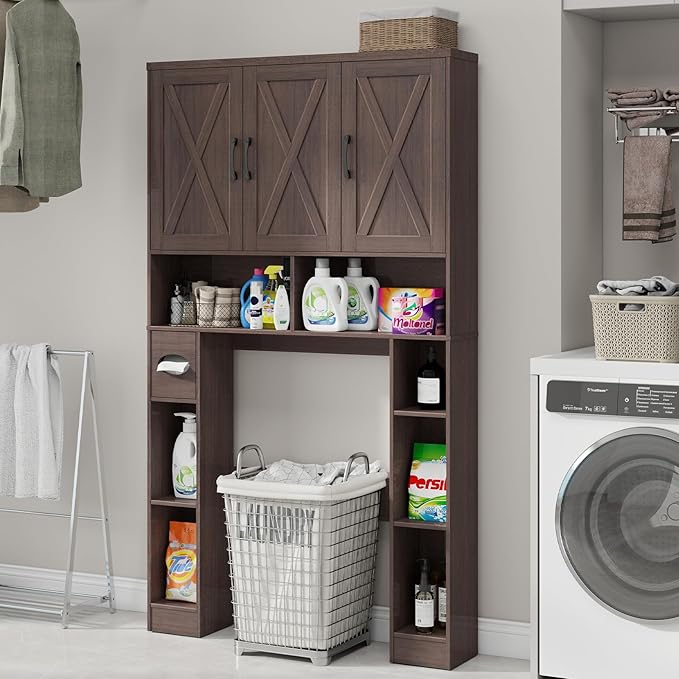 Over The Toilet Storage Cabinet, Farmhouse Toilet Cabinet Rack with 3 Barn Doors, Space Saving Bathroom Organizer with Shelves, Toilet Paper Holder and Towel Rack for Bathroom,Restroom, Espresso