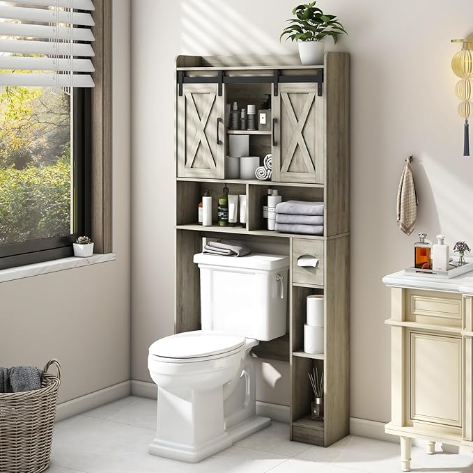 Over The Toilet Storage Cabinet, Farmhouse Storage Cabinet Over Toilet with Sliding Door& Toilet Paper Holder Stand，Home Space-Saving Toilet Rack, for Bathroom, Restroom, Laundry