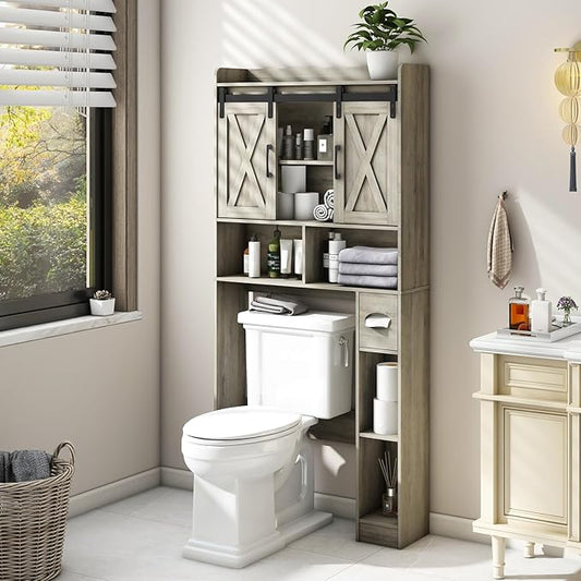 Over The Toilet Storage Cabinet, Farmhouse Storage Cabinet Over Toilet with Sliding Door& Toilet Paper Holder Stand，Home Space-Saving Toilet Rack, for Bathroom, Restroom, Laundry