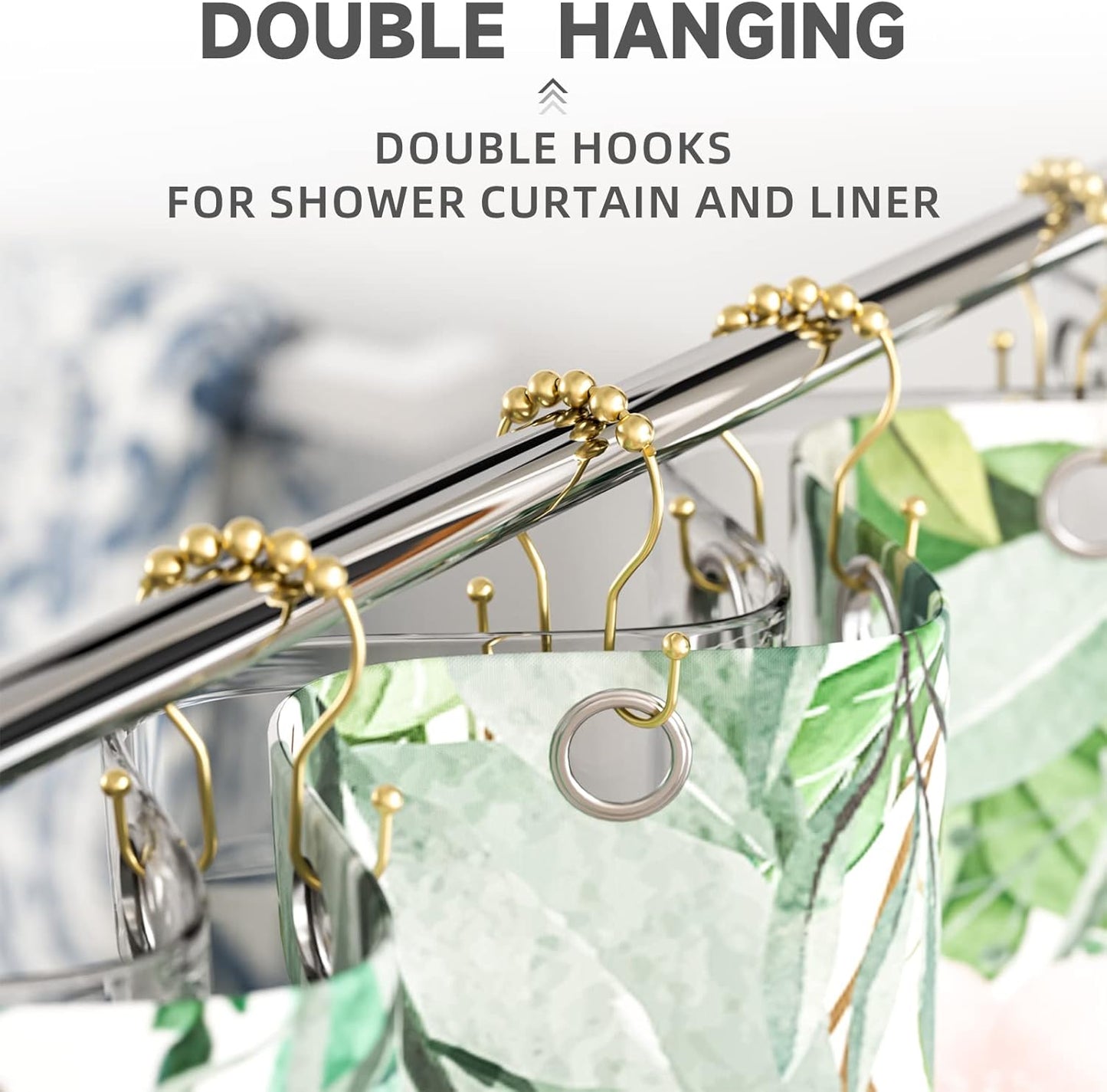 Gold Shower Curtain Hooks, Shower Curtain Hook Shower Curtain Rings Rust Proof Smooth Double Shower Curtain Hooks, Shower Hooks for Shower Curtain Bathroom Shower Rod Hook 12 Pcs