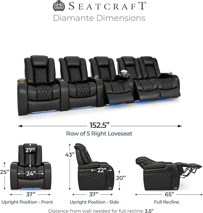 Seatcraft Diamante Zero-Gravity CoolZero Italian Leather Home Theater Seating, Power Headrest, Power Recline, Row of 5 Right Loveseat, Black