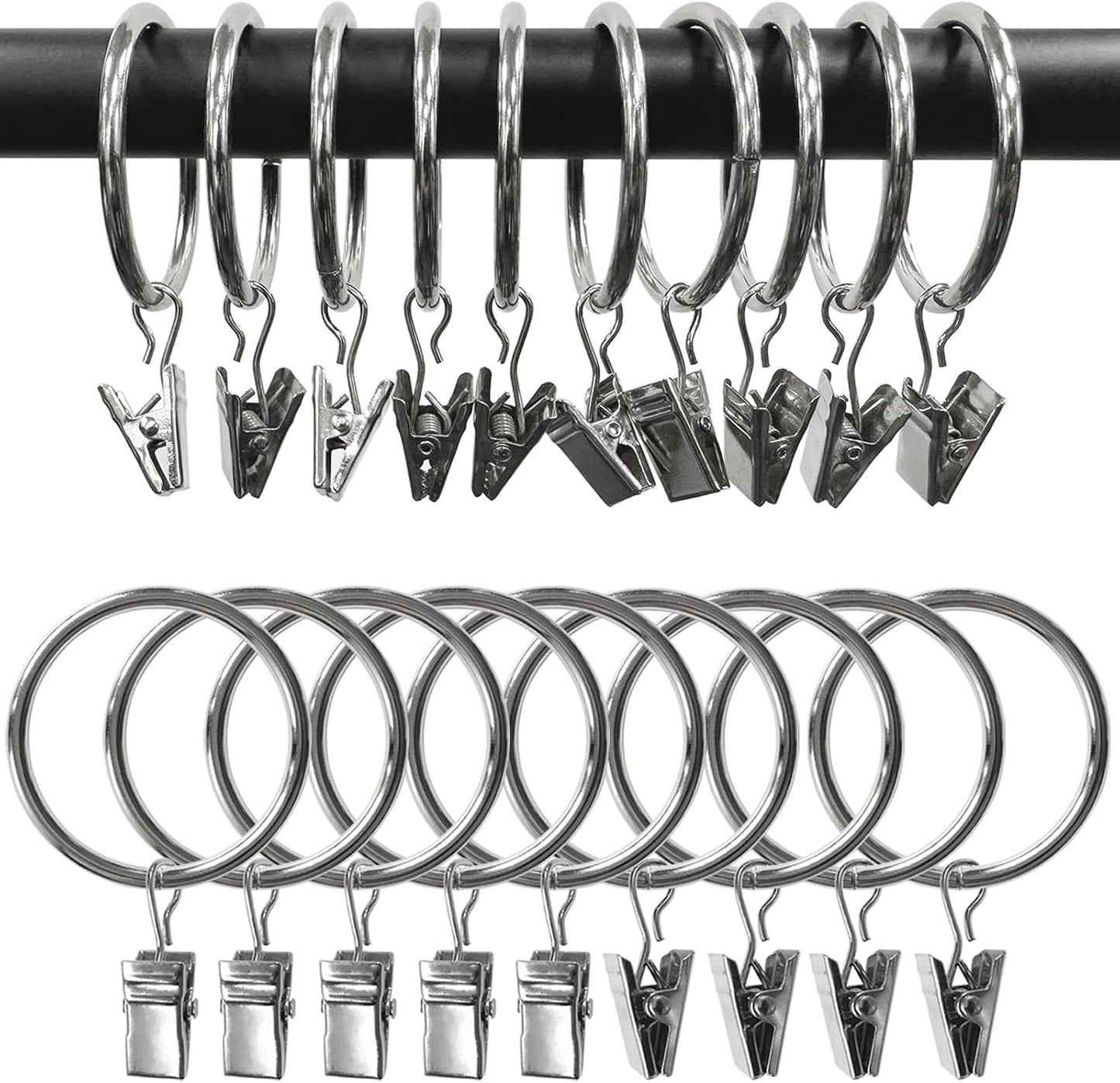 100 Pack Metal Curtain Rings with Clips, Drapery Clips Hooks, Decorative Curtain Rod Clips 1.5 in Interior Diameter, Silver