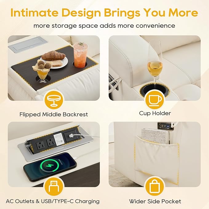 IPKIG 76" Power Reclining Sofa, Electric Home Theater Seating with Flipped Middle Backrest/LED Lighting/USB Ports/Built-in Outlets, Dual Recliner Sofa 3 Seater for Living Room RV (Off-White)