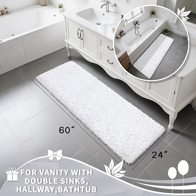 Yimobra Long Bathroom Rugs Runner 60x24 Inch, Extra Thick Soft Absorbent Chenille Bath Mat, Non Slip Machine Washable, Quick Dry Bath Rugs for Bathroom Floor, Tub and Shower, White