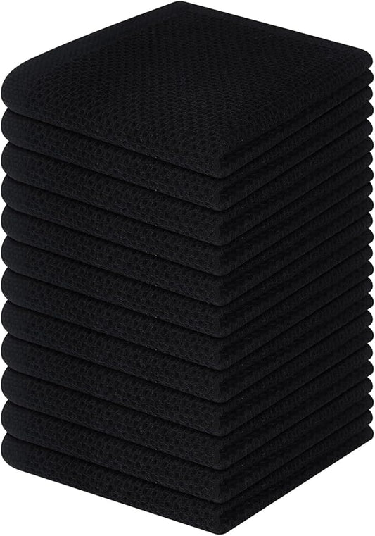 Homaxy 100% Cotton Waffle Weave Kitchen Dish Cloths, Ultra Soft Absorbent Quick Drying Dish Towels, 12 x 12 Inches, 12-Pack, Black
