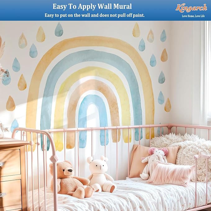 Large Watercolor Rainbow Wall Decals, Raindrops Peel and Stick Fabric Nursery Wall Decor, Removable Home Room Wall Decor Murals Stickers for Kids Girls Toddler Bedroom Living Room Playroom