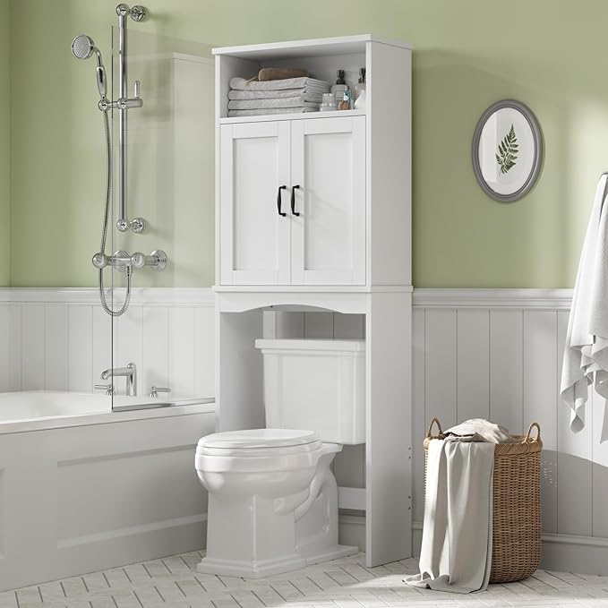 Over The Toilet Storage Cabinet, Over Toilet Bathroom Organizer with Adjustable Shelf and Double Doors, Space Saver Shelf Above Toilet Storage Cabinet (White)