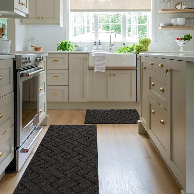 hicorfe Kitchen Rugs and Mats Sets,2 Pieces Super Absorbent Polypropylene Non-Slip Rug,Soft Comfort Floor Mat,Machine Wash for Kitchen,Hallway,Office,Sink,Laundry(20" x 31.5"+20" x 48",Charcoal)