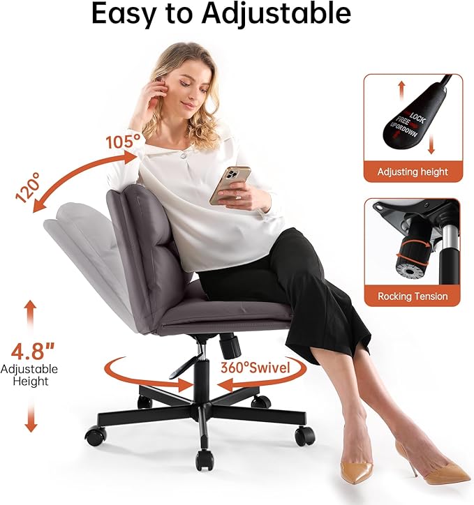 EMIAH Armless Office Desk Chairs with Wheels Criss Cross Chair PU-Leather Mid-Back Ergonomic Home Office Computer Comfortable Thickened Cushion Adjustable Swivel Chair-Chocolate Brown