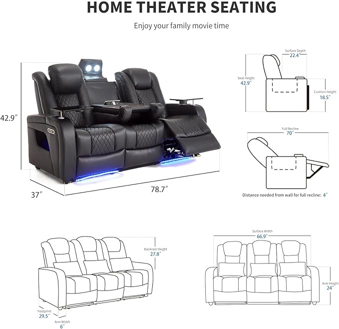 Home Theater Seating Seats with Lighting Armrest, Movie Theater Chairs Theater Recliner with 7 Colors Ambient Lighting, Lumbar Pillow, Touch Reading Lights, Tray Table, Power Recline,Black