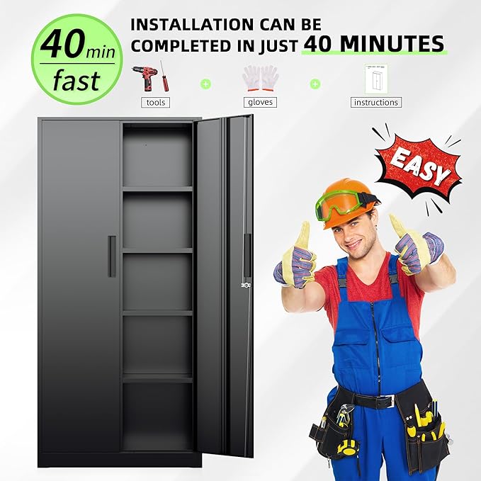 SUNCROWN 72" Metal Storage Cabinet - Heavy-Duty Metal Garage Cabinet with 4 Adjustable Shelves & 2 Doors for Tools, Office, Home, Workshop,Black-Small