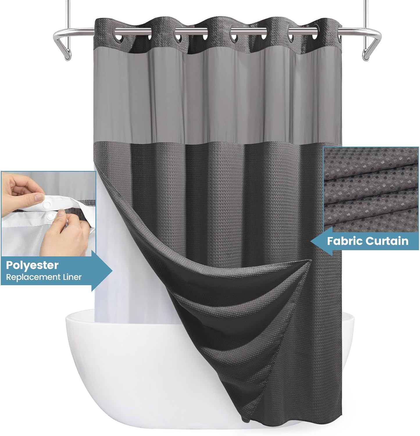 Charcoal Grey Long No Hook Shower Curtain with Snap in Liner,230GSM Waffle Weave Shower Curtains for Bathroom,71W x 86H