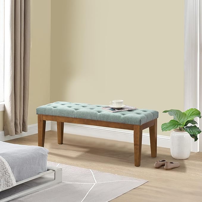 HUIMO Bedroom Bench End of Bed, Upholstered Dining Bench for Kitchen, Button-Tufted Entry Bench, Fabric Ottoman Bench for Living Room, Entryway,Teal