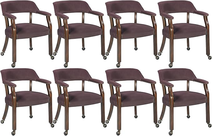 MODERION Dinning Chairs with Wheels and Arms Set of 8, Solid Wood Office Desk Chairs with Frosted Velvet Upholstered, Classic Swivel Accent Chairs, 31.5" H Boss Caption's Chair, Plum, XXY-HT22-PM