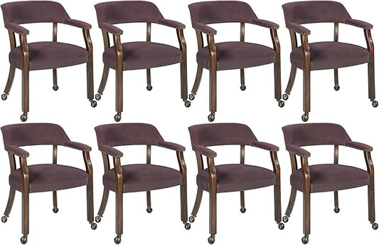 MODERION Dinning Chairs with Wheels and Arms Set of 8, Solid Wood Office Desk Chairs with Frosted Velvet Upholstered, Classic Swivel Accent Chairs, 31.5" H Boss Caption's Chair, Plum, XXY-HT22-PM