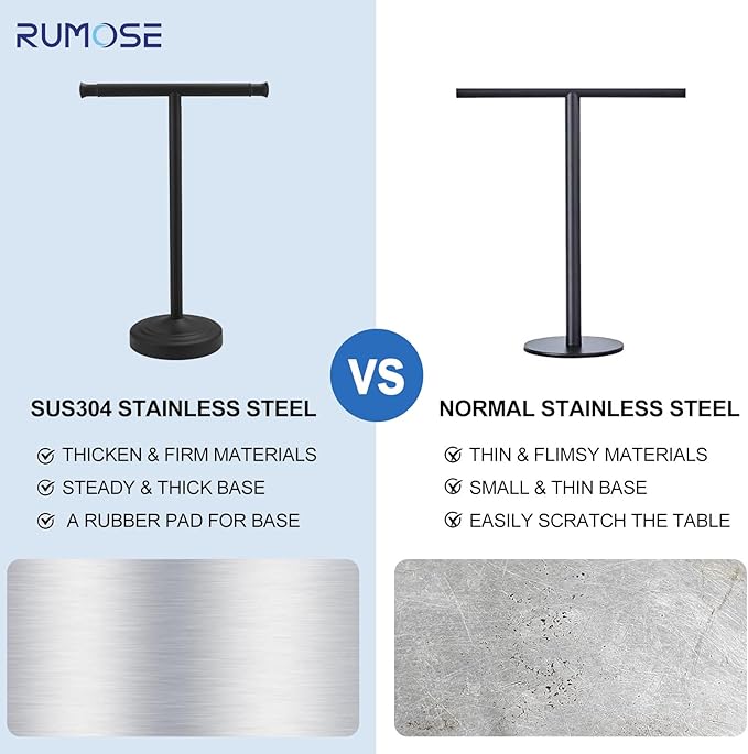 RUMOSE 13 Inch Matte Black Towel Stand Hand Towel Holder Bathroom Kitchen Vanity Countertop T-Shape Towel Rack Free Standing Stainless Steel Towel Bar Towel Ring