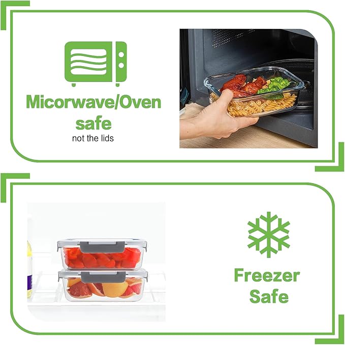 HOMBERKING 24pc Glass Food Storage Containers with Lids, Glass Meal Prep Containers with Leak Proof Snap Lock Lids, Airtight Bento Lunch Boxes, Kitchen Storage (12 lids & 12 Containers) - Grey