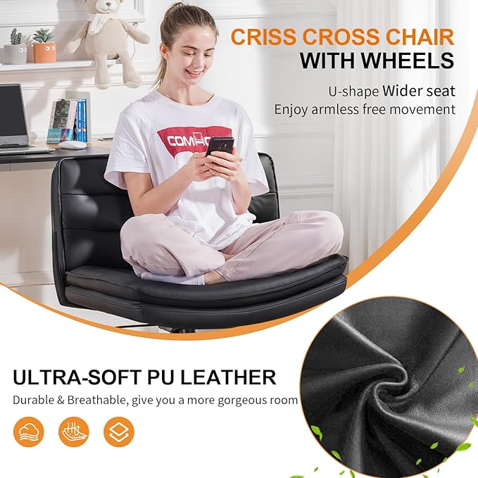 COMHOMA Cross Legged Office Chair with Wheels Armless Office Desk Chair, Modern Vanity Computer Task Chairs for Home Bedroom, Comfortable Wide Seat for Lower Back Pain Relief, PU Leahter, Black