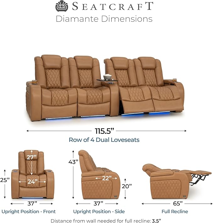 Seatcraft Diamante Zero-Gravity CoolZero Italian Leather Home Theater Seating, Power Headrest, Power Recline, Row of 4 Dual Loveseats, Tan Oak