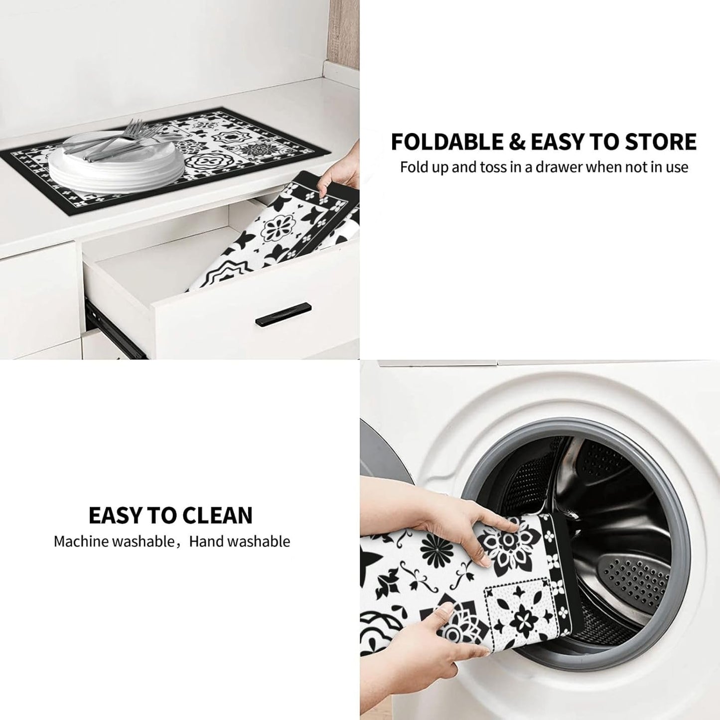 Retro Black Pattern Dish Drying Mat 18x24 For Kitchen Counter Absorbent Microfiber Dishes Pad Dish Drainer Rack Mats Fast Dry Kitchen Accessories