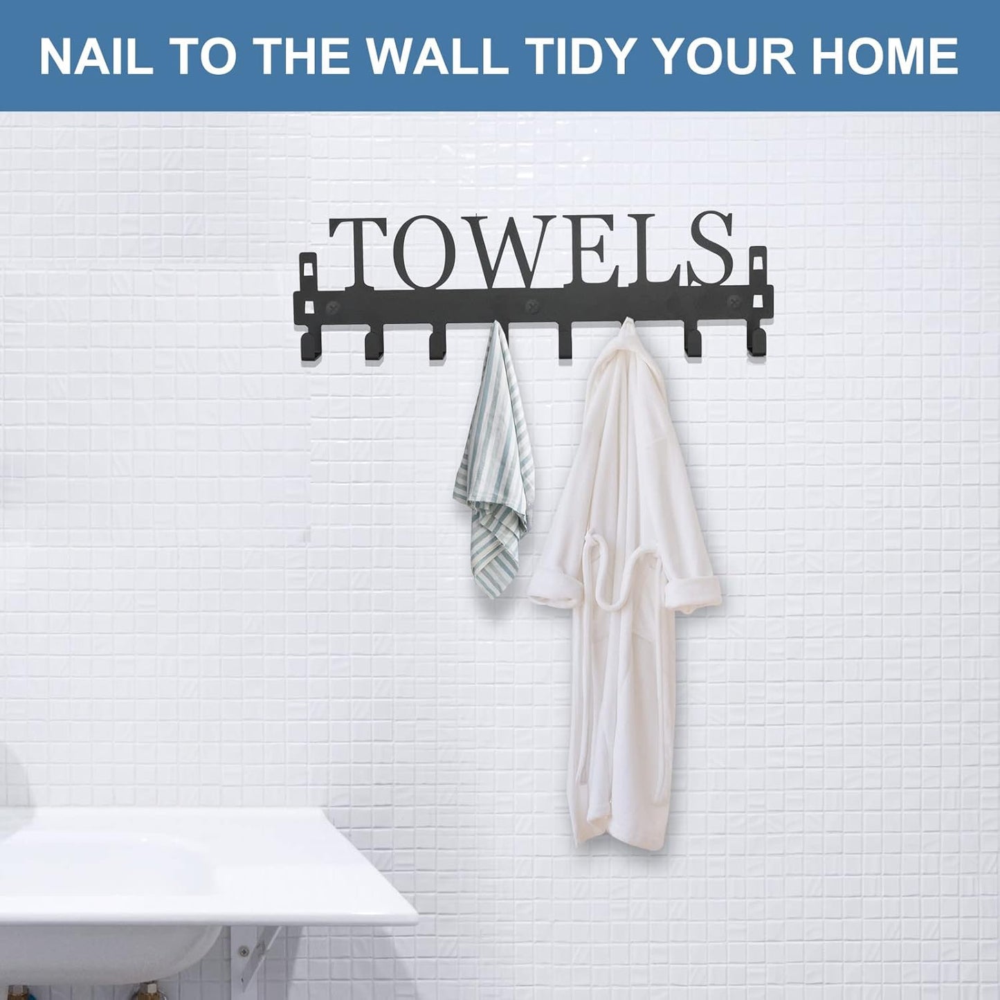 Over The Door Hooks, Towel Rack for Bathroom Towel Holder for Hanging Heavy Duty, Wall Mount Towel Hanger with 8 Hooks for Bedroom Bathroom Pool Kitchen Towels, Bag, Coats, Black