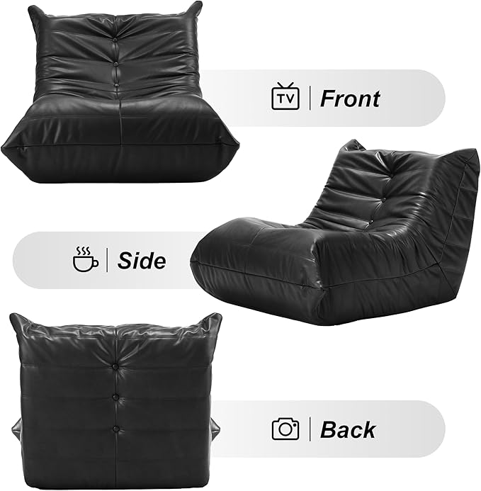 Hobestluk Giant Bean Bag Chair Lazy Floor Sofa, Memory Foam Fireside Sofa for Adults, Big Beanbag Faux Leather Armless Chair for Living Room Bedroom Dorm Office (Black, Single)
