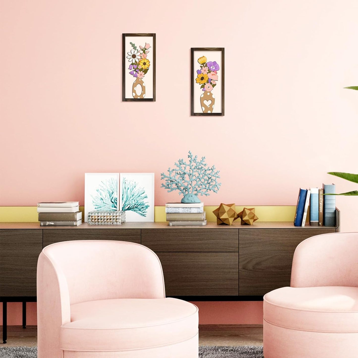 Kas Home 3D Floral Wall Art, 2 Set Rustic Wood Boho Flower with Vase Framed Wall Decor for Bathroom Living Room Bedroom Office Housewarming Gift, Ready To Hang Plaque Sculptures (White-P, 6L" x 12W", Framed)