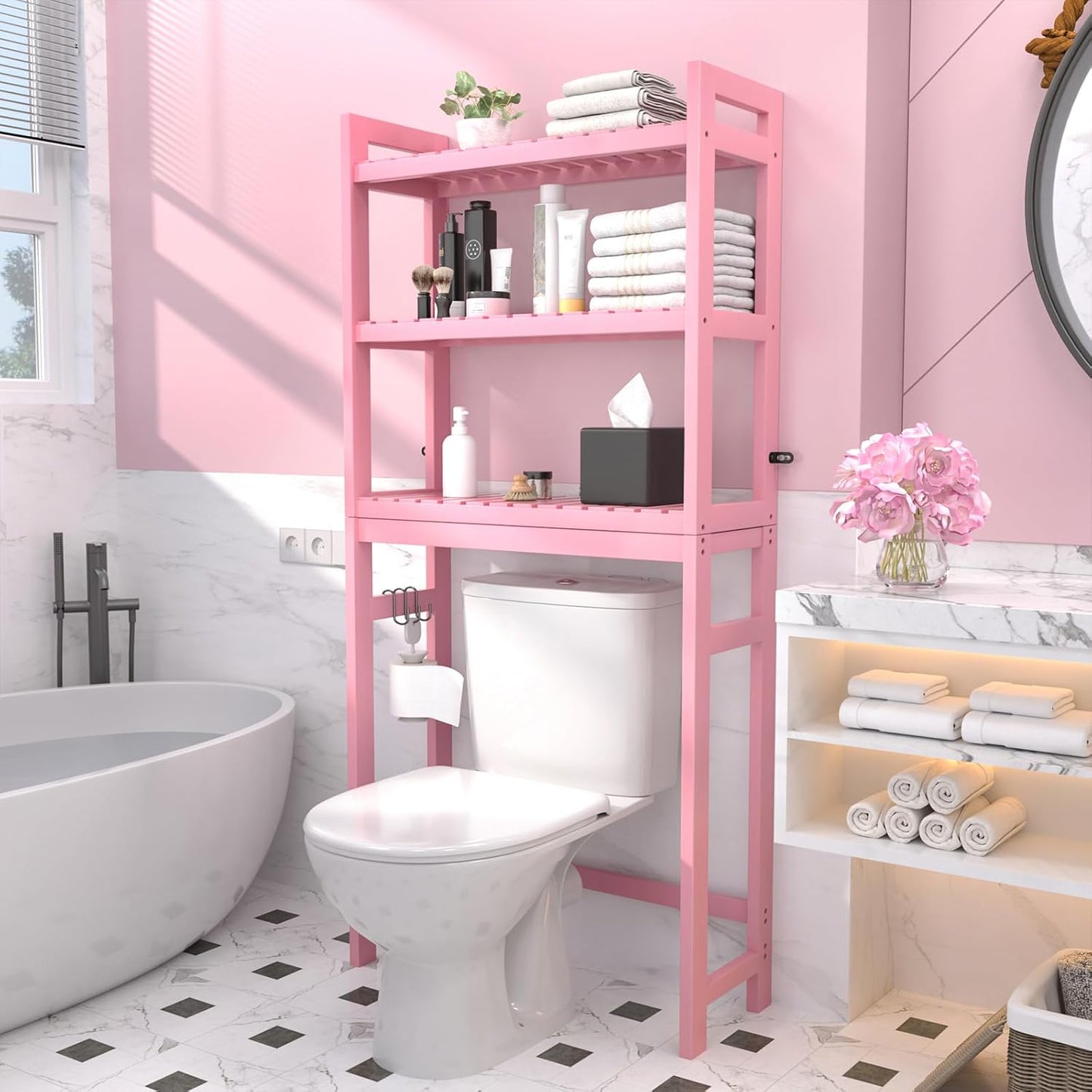 Homykic Bamboo Over The Toilet Storage Shelves, 3-Tier Above Toilet Storage Organizer Rack with 3 Hooks, Freestanding Bathroom Tower Shelf Unit for Small Space, No Rust, Easy to Assemble, Pink