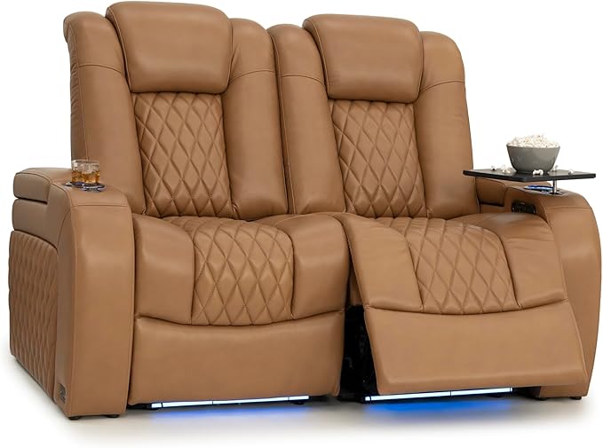 Seatcraft Diamante Zero-Gravity CoolZero Italian Leather Home Theater Seating, Power Headrest, Power Recline, Row of 2 Loveseat, Tan Oak