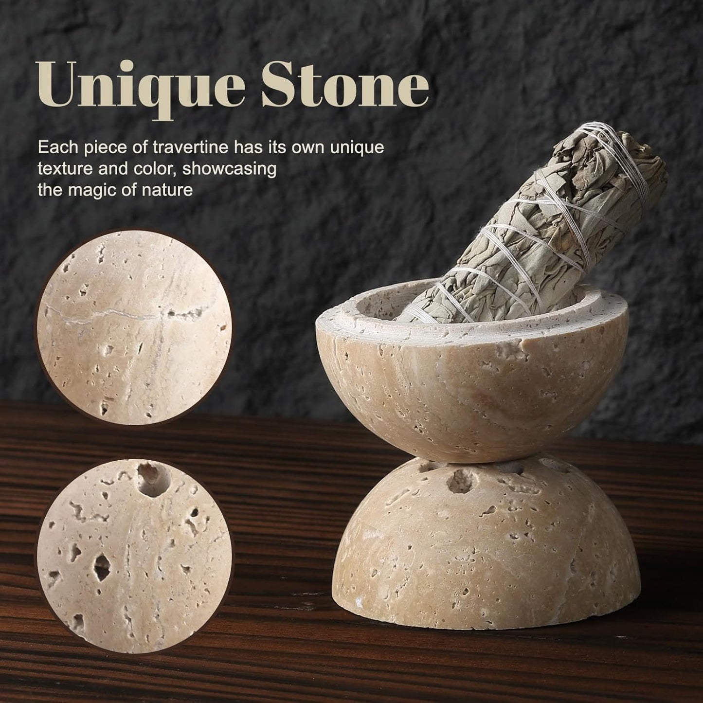 Koville Natural Travertine Stone Incense Burner, Incense Holder for Cone/Balsam Fir/Palo Santo/Sage, Handmade Sphere Incense Burner for Meditation Yoga SPA Relaxation, Home Decor,Beige Travertine