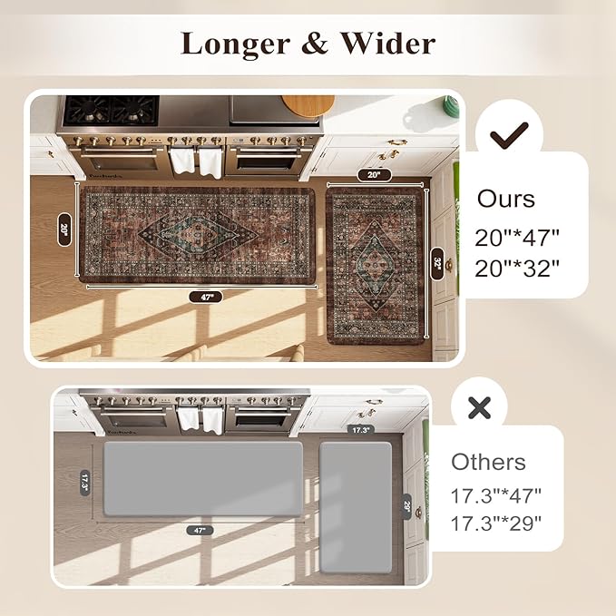 KIMODE Anti Fatigue Kitchen Mats for Floor, Boho Floral Kitchen Rugs Sets of 2, Brick Cushioned Kitchen Floor Mats, Non Slip Standing Desk Mat for Sink Laundry Office Desk 20"x47"+20"x32"