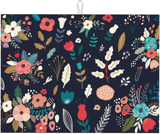 Colorful Flowers Black Dish Drying Mat 18x24 For Kitchen Counter Absorbent Microfiber Dishes Pad Dish Drainer Rack Mats Fast Dry Kitchen Accessories
