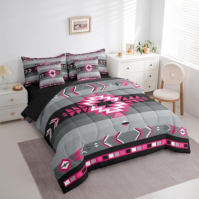 Southwest Native American Bedding Set King Southwestern Geometric 7 Piece Bedding Set Decor Tribal Rose Pink Grey Black Bed Set Includes Comforter, Sheet Set, Pillowcases & Pillow Covers Modern Art