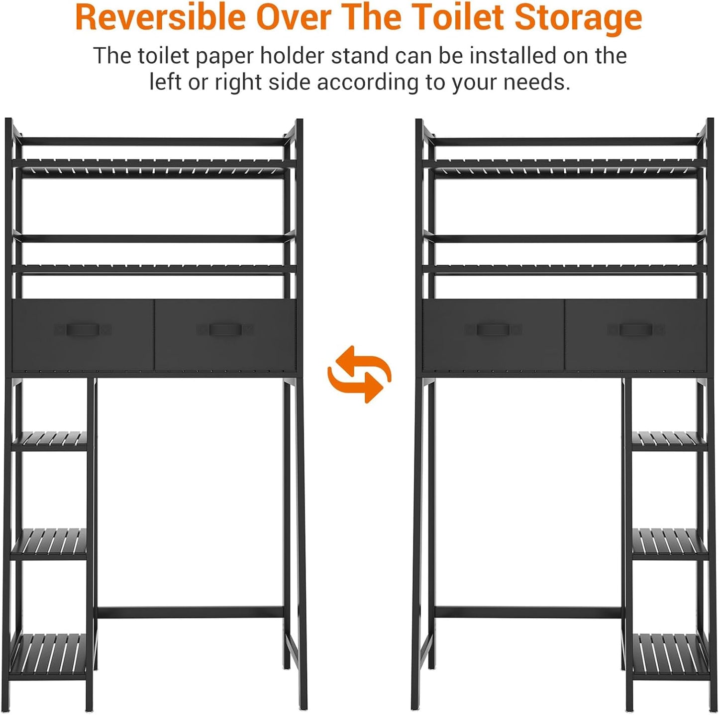Homykic Over The Toilet Storage with 2 Drawers, Bamboo Above Toilet Shelf Organizer, Bathroom Tower Rack with Toilet Paper Holder Stand, Space Saver, Mass Storage, No Rust, Black