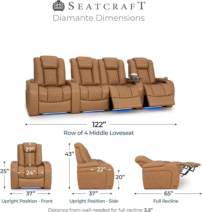 Seatcraft Diamante Zero-Gravity CoolZero Italian Leather Home Theater Seating, Power Headrest, Power Recline, Row of 4 Middle Loveseat, Tan Oak