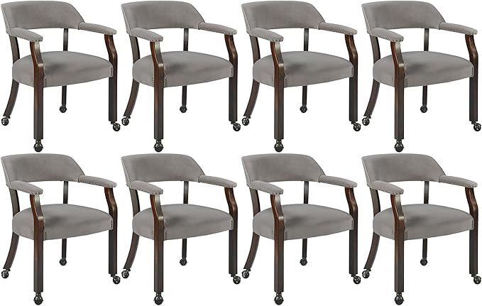 MODERION Dinning Chairs with Wheels and Arms Set of 8, Solid Wood Office Desk Chairs with Frosted Velvet Upholstered, Classic Swivel Accent Chairs, 31.5" H Boss Caption's Chair, Warm Grey XXY-HT22-TP