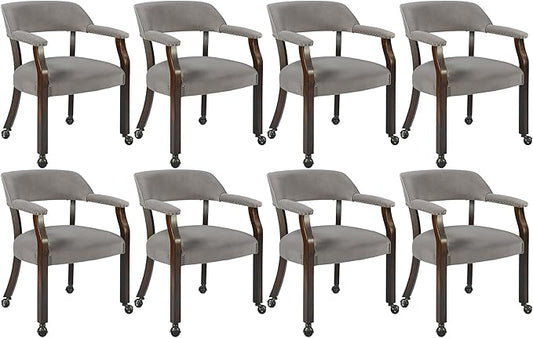 MODERION Dinning Chairs with Wheels and Arms Set of 8, Solid Wood Office Desk Chairs with Frosted Velvet Upholstered, Classic Swivel Accent Chairs, 31.5" H Boss Caption's Chair, Warm Grey XXY-HT22-TP