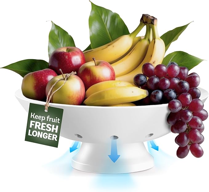 Bambüsi White Fruit Bowl - 11" Large Wooden Pedestal Bowl for Kitchen Counter & Dining Table Centerpiece, Premium Modern Bamboo Fruit Basket & Banana Holder for Fresh Produce, Bread & Home Decor