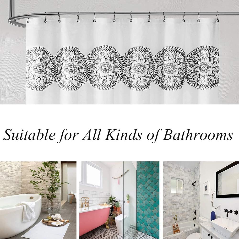 Jubilantex White Embroidered Shower Curtain for Bathroom, Black and White Boho Farmhouse Floral Decorative Waterproof Rustic Style Water Resistant Bath Room Curtain Fabric for Spa Hotel, 70x72 Inches