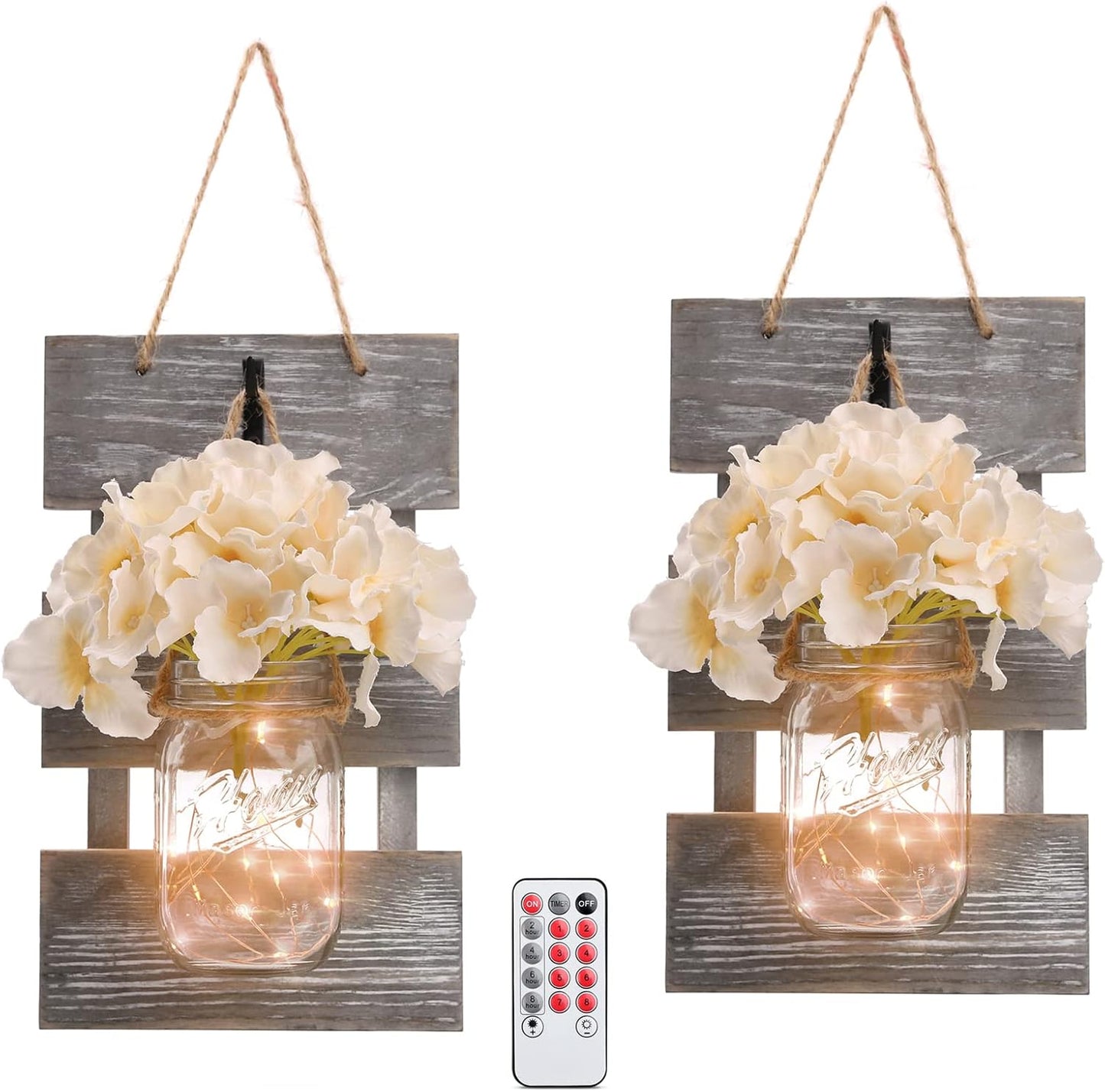 HOMKO Mason Jar Wall Decor with 6-Hour Timer LED Lights and Flowers - Rustic Home Decor (Set of 2)