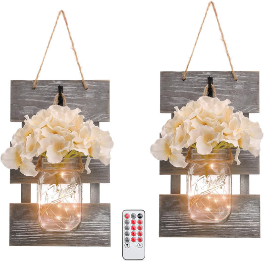 HOMKO Mason Jar Wall Decor with 6-Hour Timer LED Lights and Flowers - Rustic Home Decor (Set of 2)